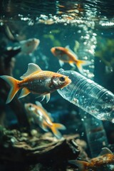 Fish Swimming in Aquarium with Plastic Bottle