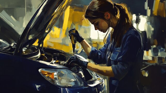 Woman Mechanic Repairing Car Engine
