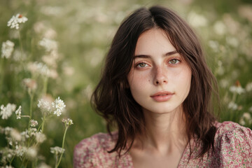 Fototapeta premium Brunette woman in flowering field. Fashion, beauty concept. Summer and spring landscape.