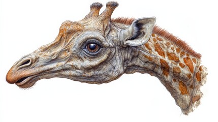 Vibrant watercolor captures a giraffe's head and neck in exquisite detail; left-facing with lifelike realism and vivid hues