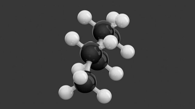 Pentane molecular structure: 3D model of molecule. Chemical formula: C5H12. Seamless looping Video with an Alpha Channel. Gray background.