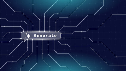 Futuristic AI banner with abstract network, microchip and digital connections. Vector illustration of generative adversarial learning, large language model and cyber technology in modern tech design.