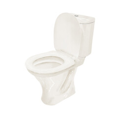 White porcelain toilet with raised lid. Watercolor illustration in digital format. Clean toilet plumbing, isolated on white background. Restroom temv, cleaning and toiletries