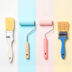 Colorful paint rollers and brushes displayed side by side, creative tools