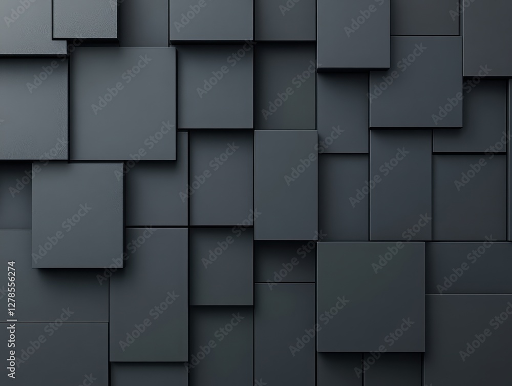 Poster abstract composition of layered black squares, creating depth and texture for artistic and modern de