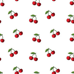 Seamless Hand Drawn Vector Cartoon Cherries With Leaf Design Pattern White BG