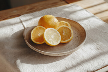 Slices of lemons are lying on a rustic wooden table with a beige linen tablecloth, slightly wrinkled for a natural feel.