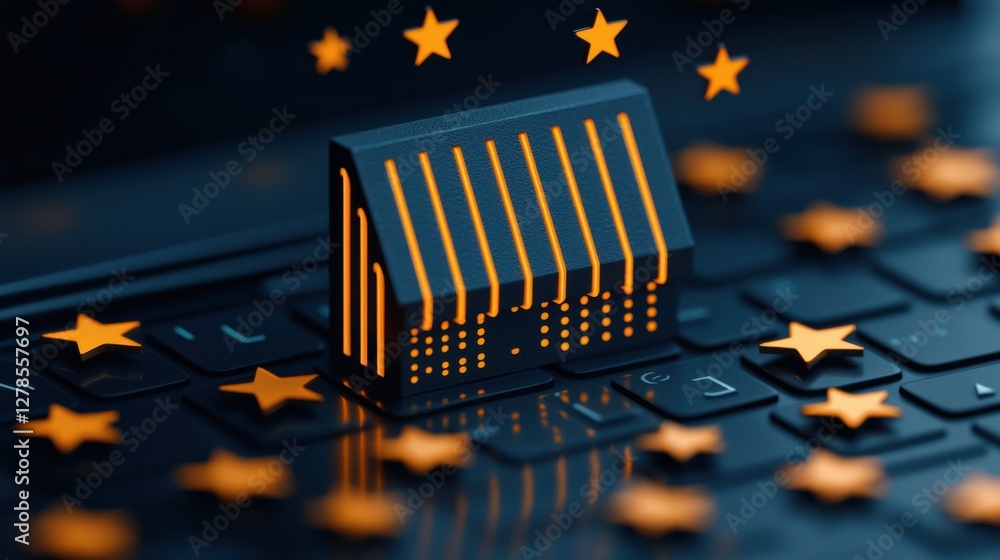 Poster marketing review of a glowing digital storefront icon in a floating environment