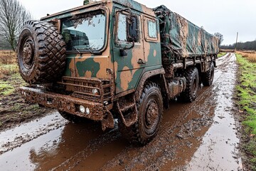 Obraz premium Military truck covered in mud navigating a muddy road in a rural landscape showcasing rugged terrain and off-road capability military vehicle concept