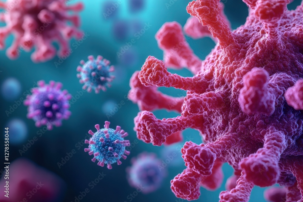 Poster detailed microscopic view of a virus with textured surface, showcasing its structure and color varia