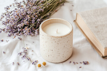 Obraz na płótnie Canvas A simple beeswax candle in a ceramic holder, surrounded by dried lavender and chamomile flowers