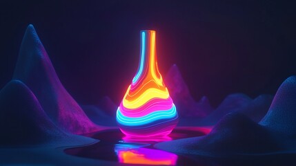 Neon vase on reflective surface in dark landscape.