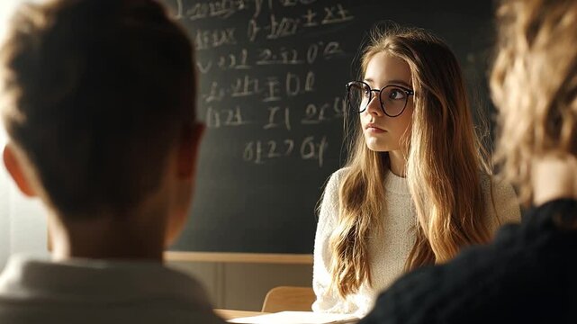 Young Teacher Guiding: A thoughtful young teacher with glasses, stands attentively before a chalkboard covered in complex script, as she interacts with her students. 