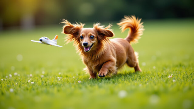 Happy Dachshund running with airplane in background.