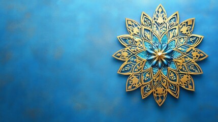 Fototapeta premium Intricate Gold Mandala Design on Blue Background