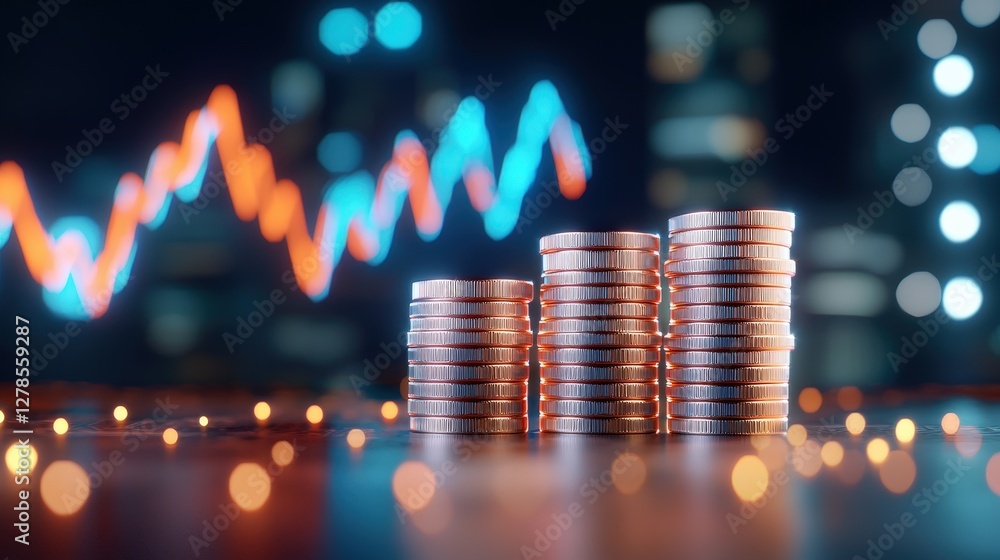 Poster a close-up view of stacked coins with an abstract financial graph in the background, symbolizing inv