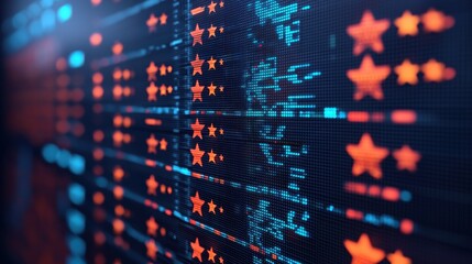 Revolutionizing marketing digital review ratings in a futuristic cityscape