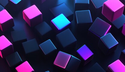 Neon-lit cubes scatter on dark surface.