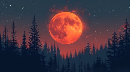 Naklejka premium Enthralling Crimson Moonrise Over Silhouetted Pines