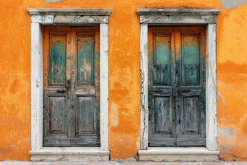 Orange concrete wall with two old wooden doors in european city. Detailed photo textured background