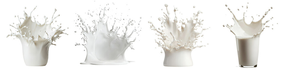 Splashing white milk or dairy liquid creating an abstract and dynamic motion design with textured flowing and scattered splatter patterns on a clean white background