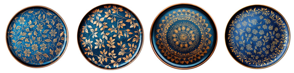 Fototapeta premium Exquisite ceramic plates featuring intricate ornate kaleidoscopic patterns in vibrant shades of blue orange and gold