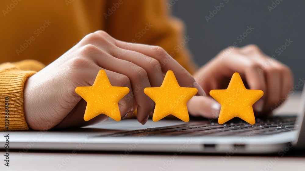 Poster evaluating glowing digital star rating system online reviews marketing strategies user engagement di