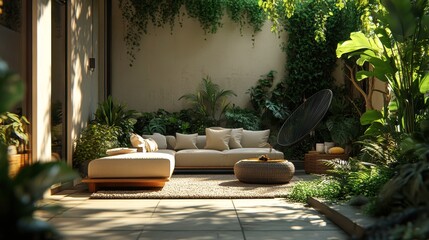 A serene outdoor lounge area with a plush sofa, surrounded by lush greenery, creating a tranquil and inviting atmosphere.
