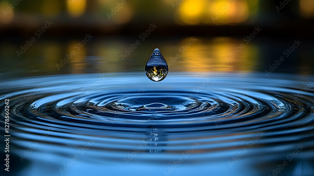 Poster close up of water drop impacting calm water with circular ripples and bokeh background