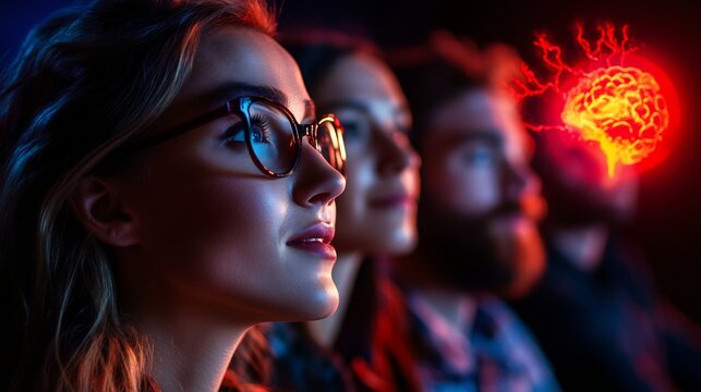 Illuminated intellect a diverse group contemplates innovation under neon glow
