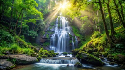 Fototapeta premium Serene waterfall cascading down a rocky slope amidst a lush forest of tall trees and vibrant green foliage, with sunlight filtering through the canopy above , trees, nature