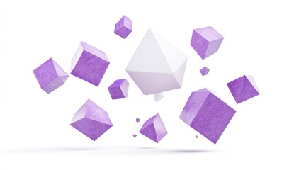 Floating purple cubes and white pyramid shapes on white background.