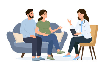 Fototapeta premium Family Consultation and check up during pregnancy.Pregnant woman and her husband visit gynecologist in the medical office. Female doctor talks with couple expecting a baby. Vector illustration