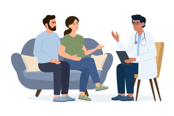 Family Consultation and check up during pregnancy.Pregnant woman and her husband visit gynecologist in the medical office. Female doctor talks with couple expecting a baby. Vector illustration