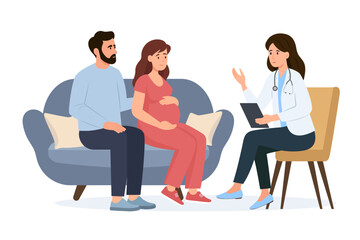 Family Consultation and check up during pregnancy.Pregnant woman and her husband visit gynecologist in the medical office. Female doctor talks with couple expecting a baby. Vector illustration