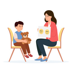 Psychology consultation. Child psychologist showing pictures.Family psychotherapy session for children with mental problems.Vector Illustration