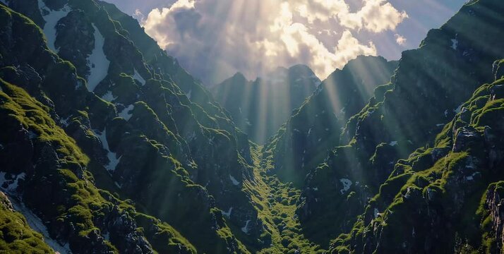 Sunlit Mountain Valley Animation Video, aeral footage