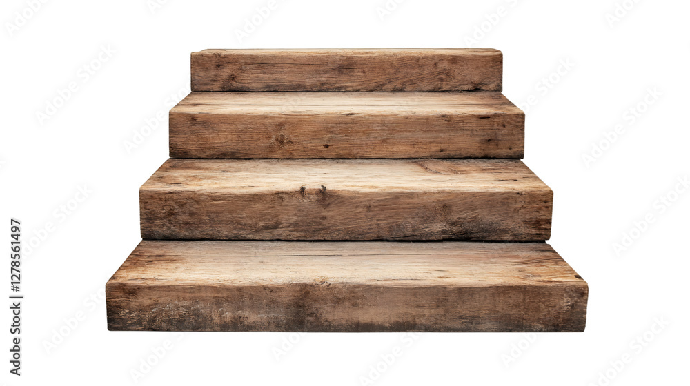 Aufkleber four steps of a rustic wooden staircase ascending on transparent background, ideal for concepts rela