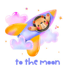 Teddy bear spaceship rocket. Bear traveller, adventure. Hand drawn cartoon illustration for baby kids childrens. Newborn baby birth design for clothes poster desor print