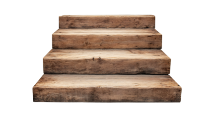 Four steps of a rustic wooden staircase ascending on transparent background, ideal for concepts related to growth and progress