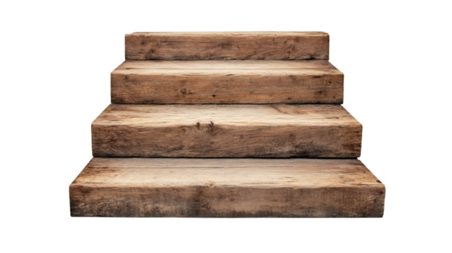 Four steps of a rustic wooden staircase ascending on transparent background, ideal for concepts related to growth and progress