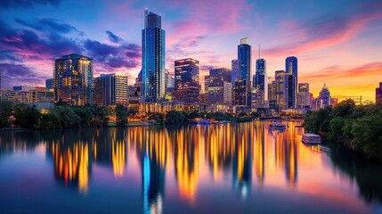 Fototapeta premium A modern city skyline reflecting on the calm river at dusk. The skyscrapers are illuminated with golden and blue lights, creating a mesmerizing mirror effect