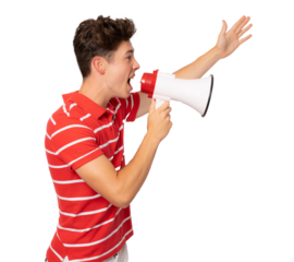 Handsome young man over isolated transparent background shouting through a megaphone. PNG transparent