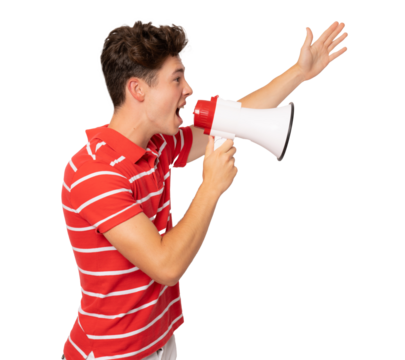 Handsome young man over isolated transparent background shouting through a megaphone. PNG transparent