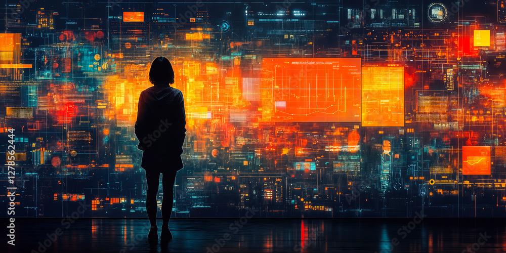 Poster silhouette of a person standing before a vibrant digital data display illustrating transparency and 