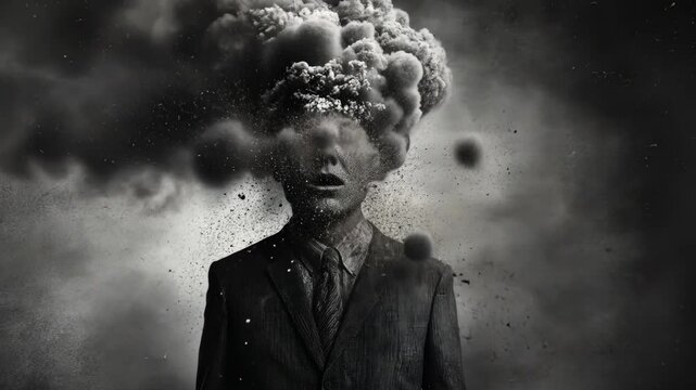 Surreal representation of a man's head exploding with clouds and particles illustrating chaos and imagination