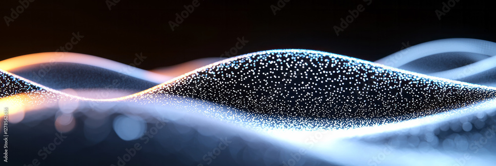 Poster radiating waves of tiny glitter particles under a soft spotlight, creating sparkling arcs in a