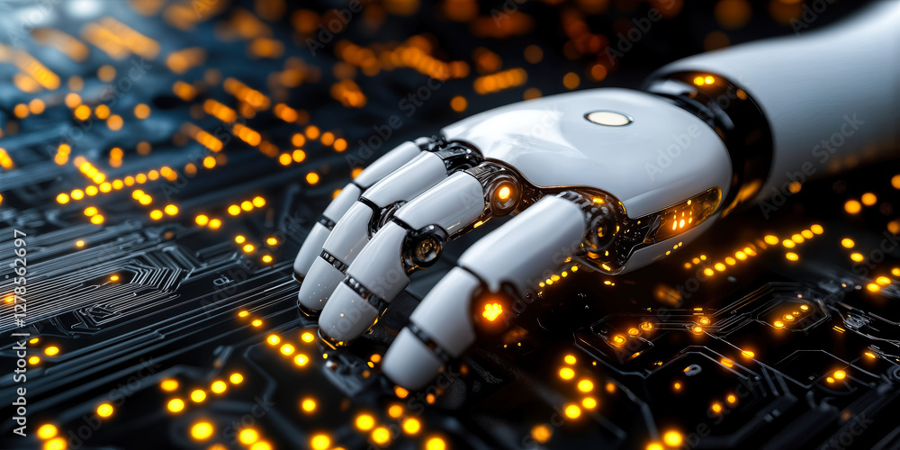 Poster innovative ai-powered robotic hand on circuitry board symbolizing advanced consumer electronics and 