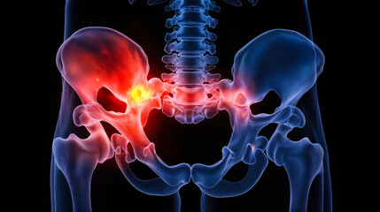 3D Illustration of Painful Hip Joint with Red Inflammation Highlight in X-ray View, Medical Concept of Hip Pain and Skeleton Anatomy