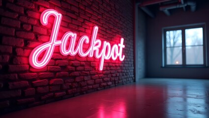 Obraz premium Photo of a room with a brick wall on the right, a large window on the left, and a neon sign that says 